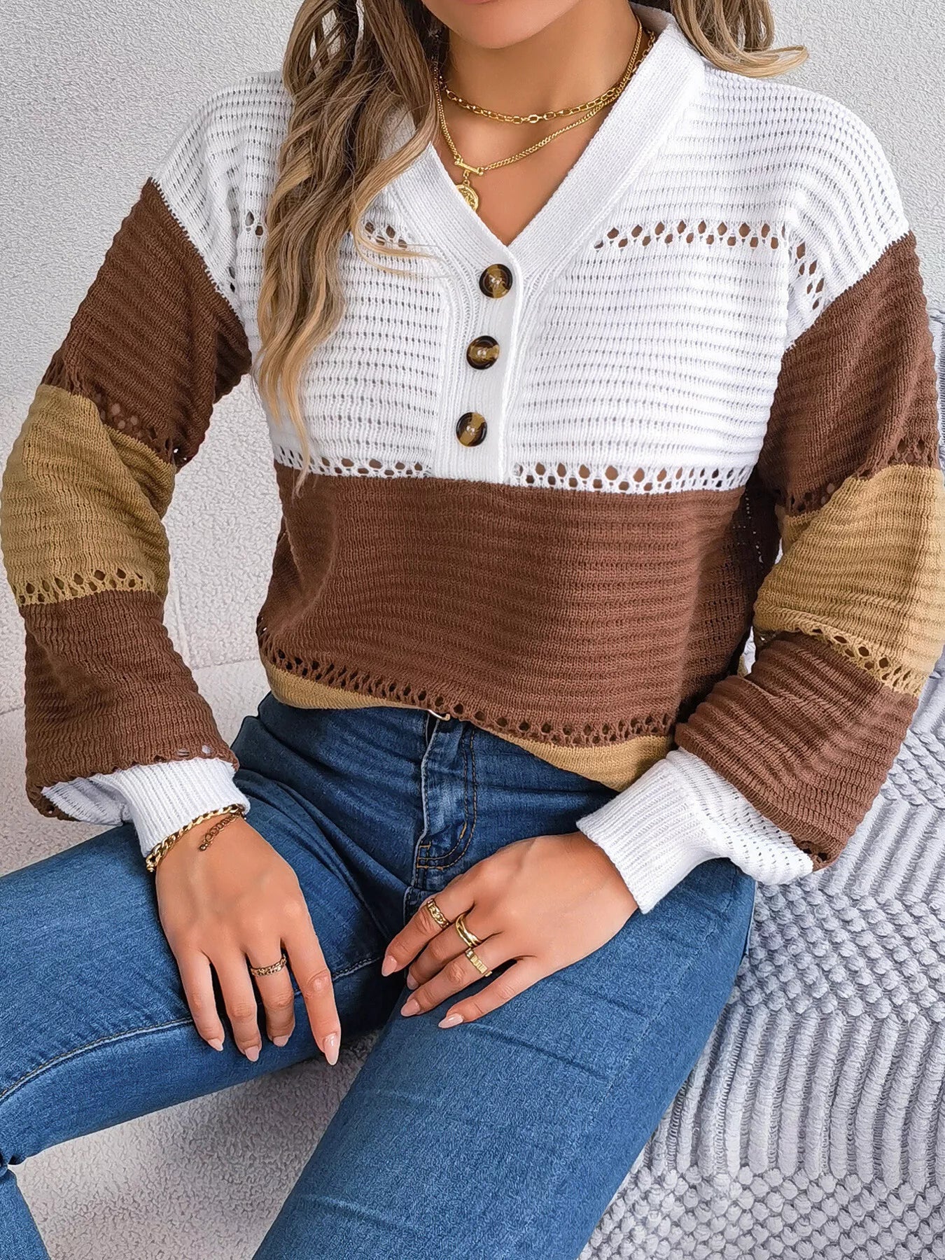 Color Block Striped V-Neck Button Detail Sweater 