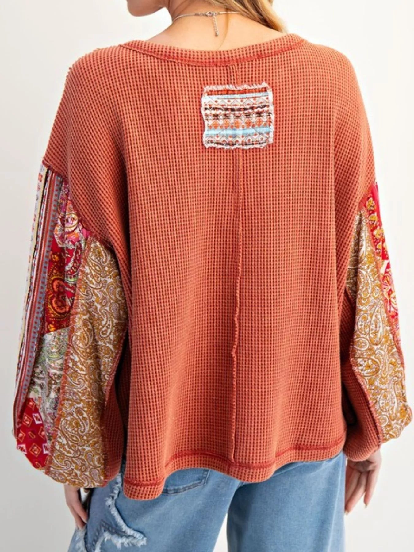 Waffle Knit Round Neck Dropped Shoulder Sweatshirt 