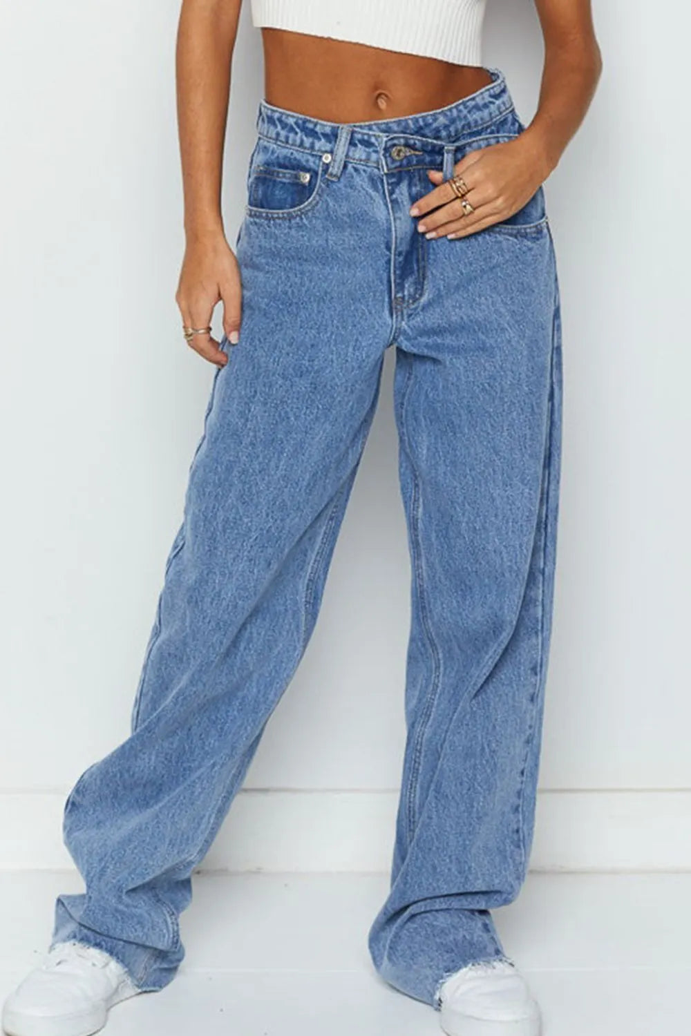 Mid Rise Asymmetrical Waist Wide Leg Jeans 