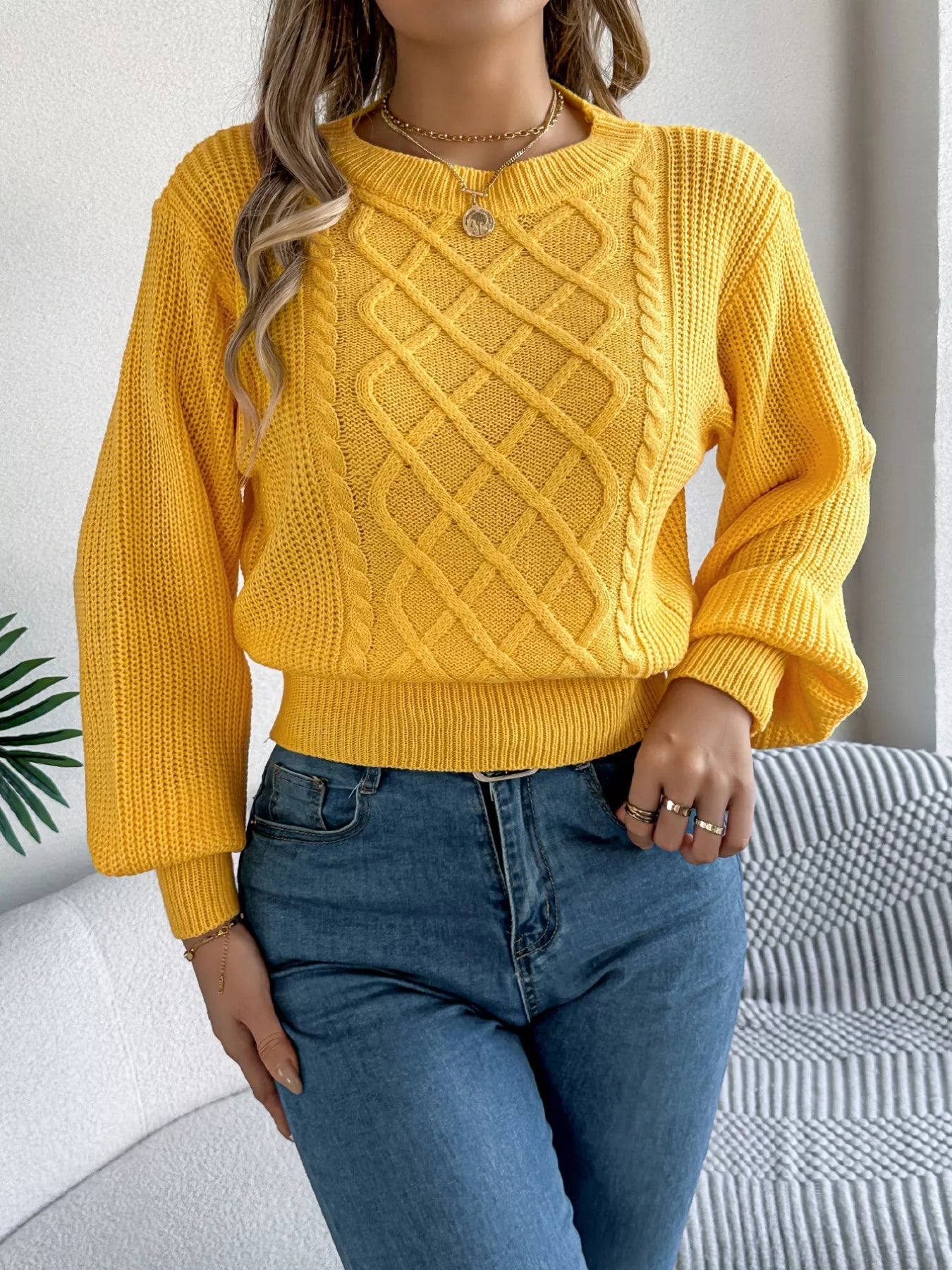 Cable Knit Diamond Pattern Long Sleeve Sweater 