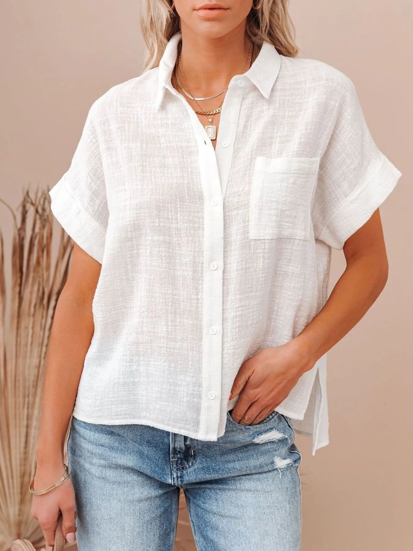 Full Size Button Up Short Sleeve Shirt Plus Size 