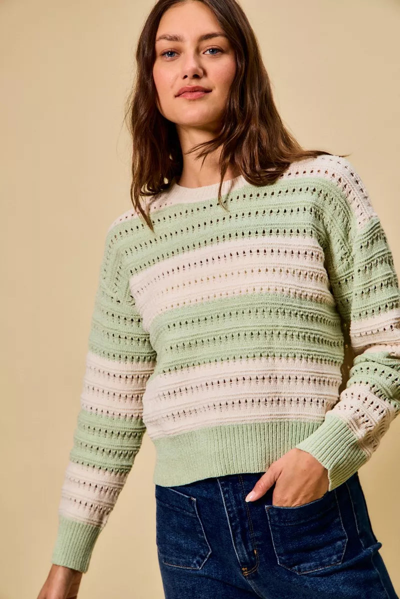 SO ME Openwork Round Neck Wide Stripe Textured Sweater 