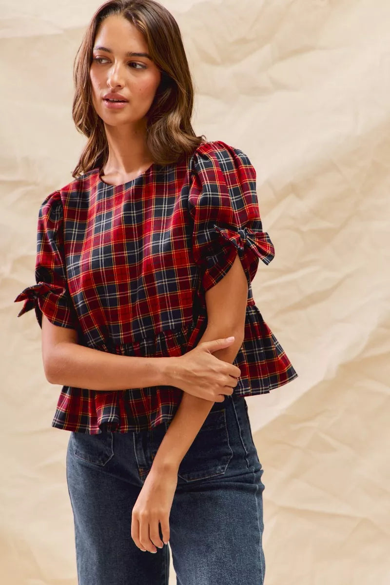 SO ME Christmas Holiday Plaid Ribbon Short Sleeves Top 