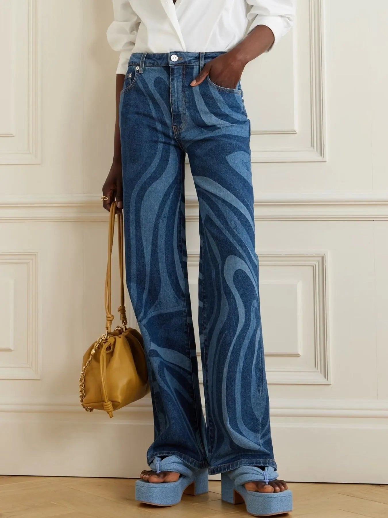 Water Ripples Print Wide Leg Jeans 