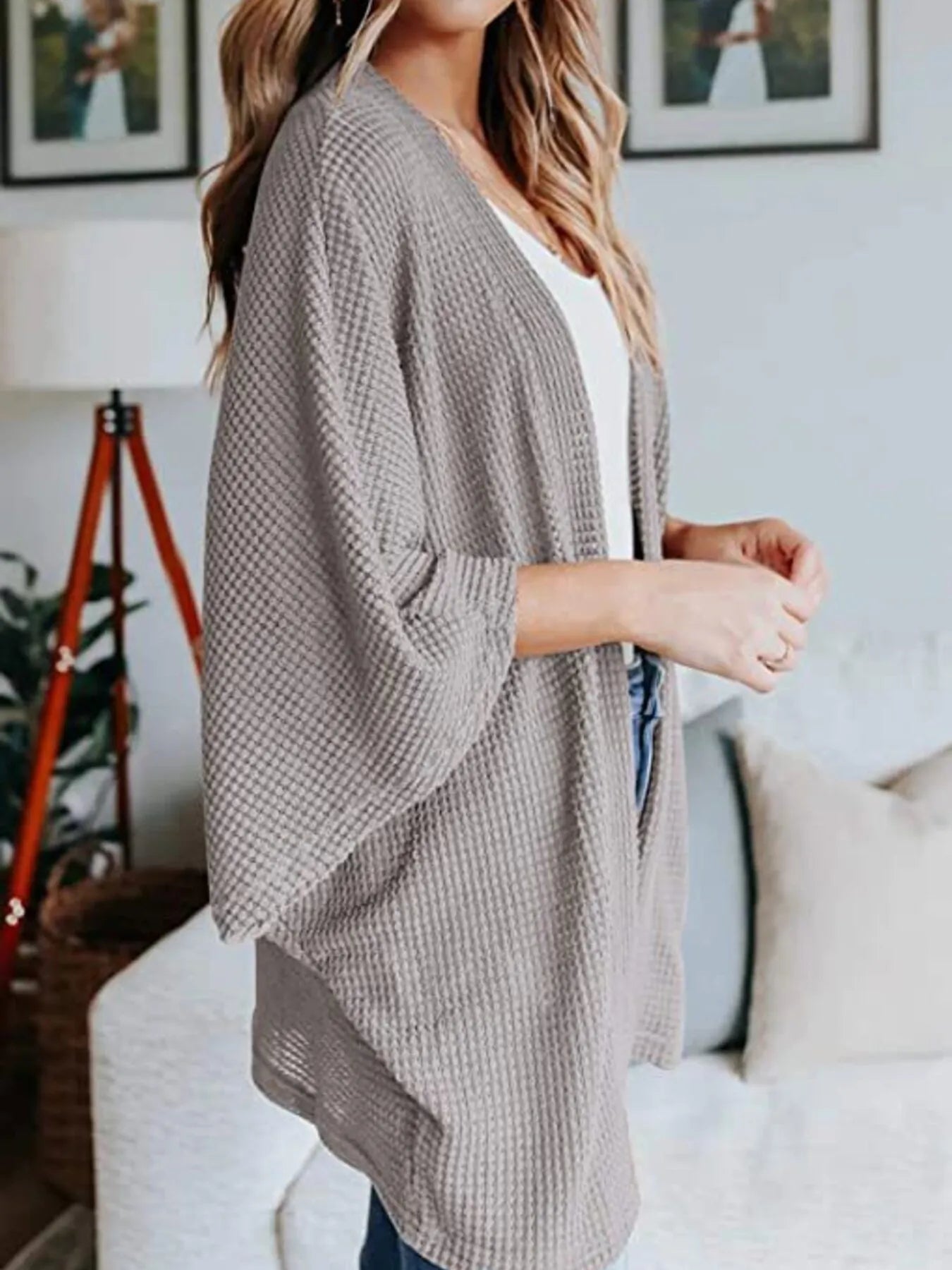 Full Size Open Front Waffle Knit Cardigan Plus Size 