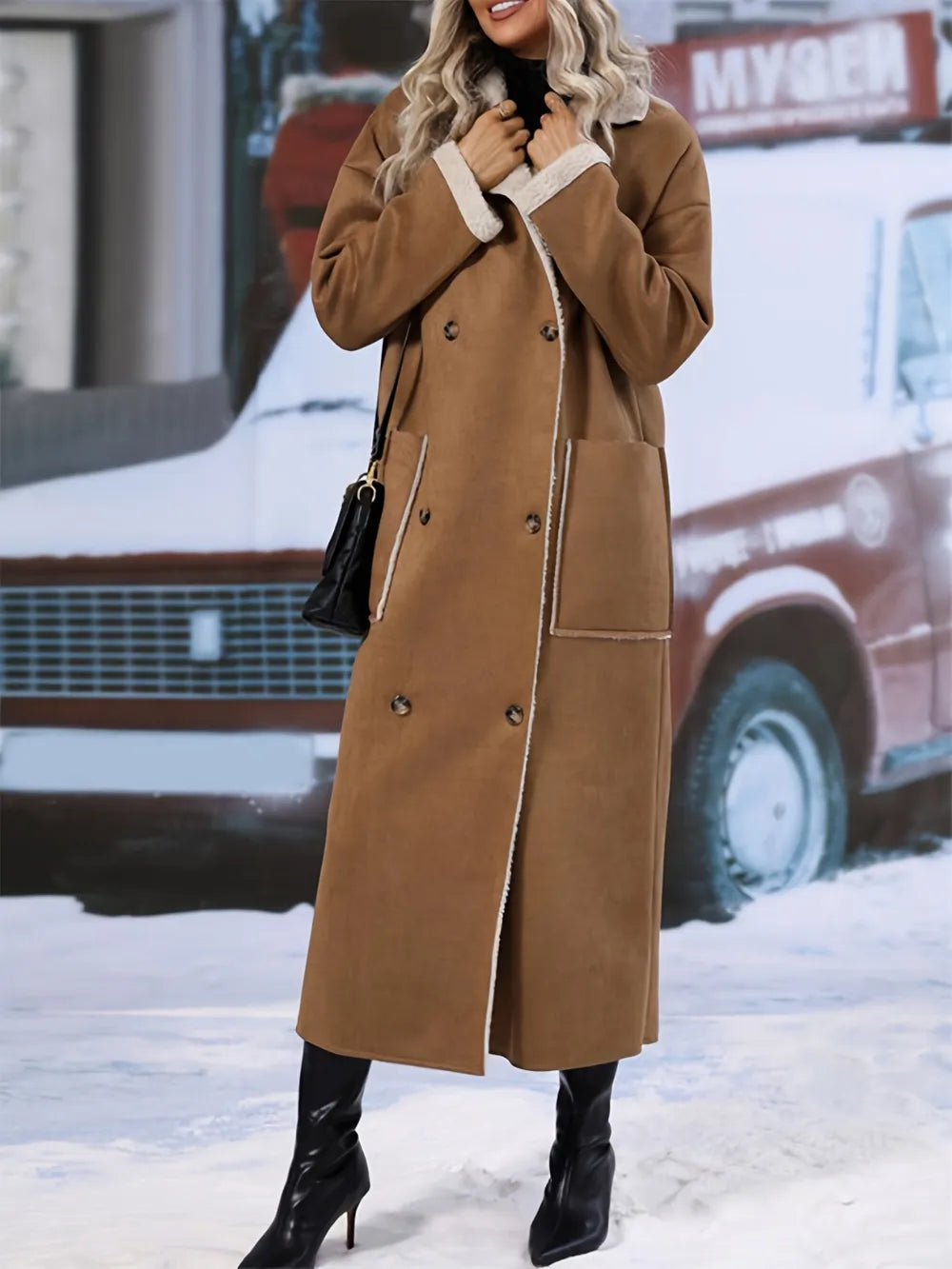 Plus Size Drop Shoulder Sherpa Longline Coat 