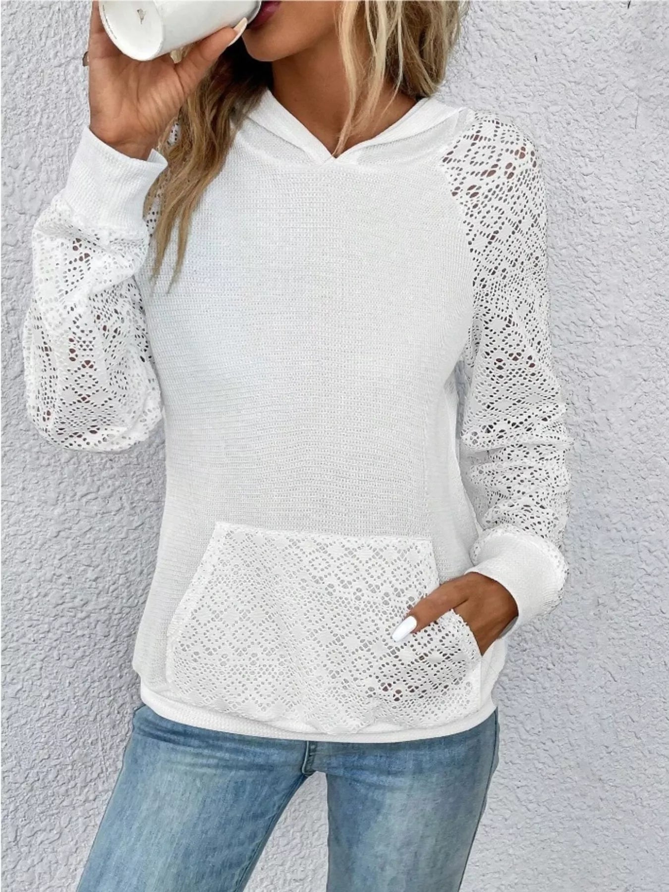 Lace Sleeve Kangaroo Pocket Hoodie 