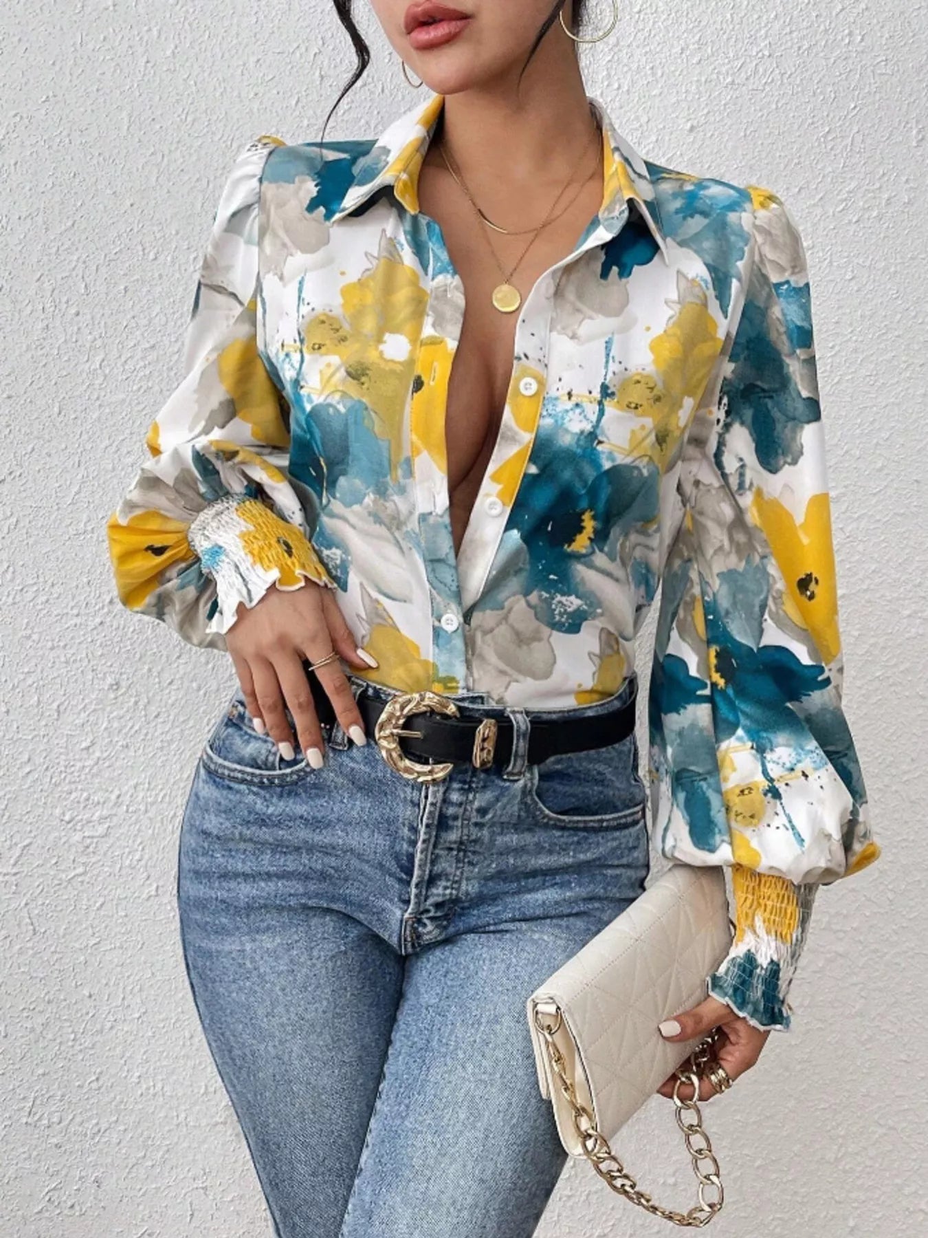 Printed Button Up Lantern Sleeve Shirt 