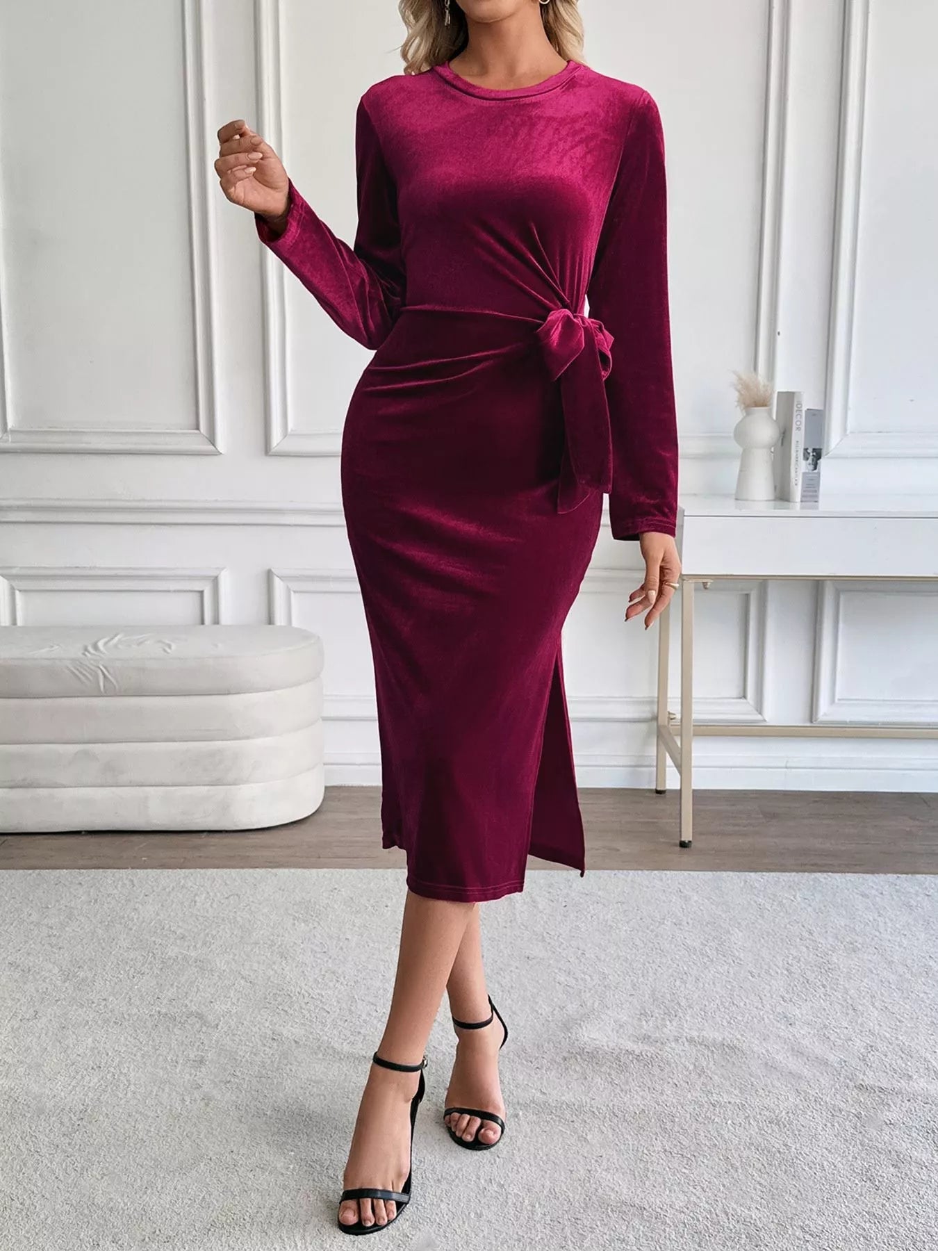 Velvet Slit Round Neck Long Sleeve Dress with Side Tie Detail 
