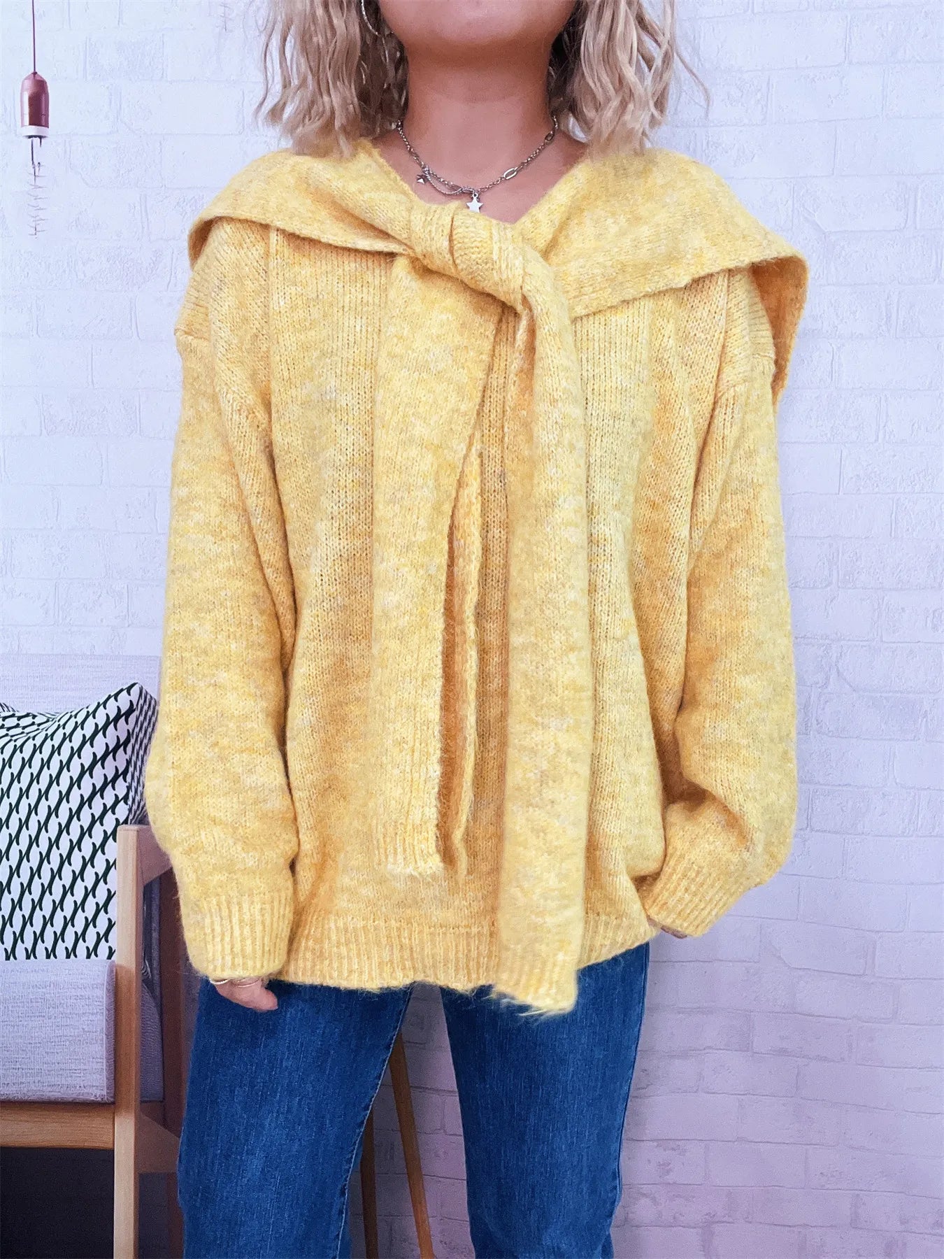 Ribbed Hem V-Neck Sweater with Shawl 