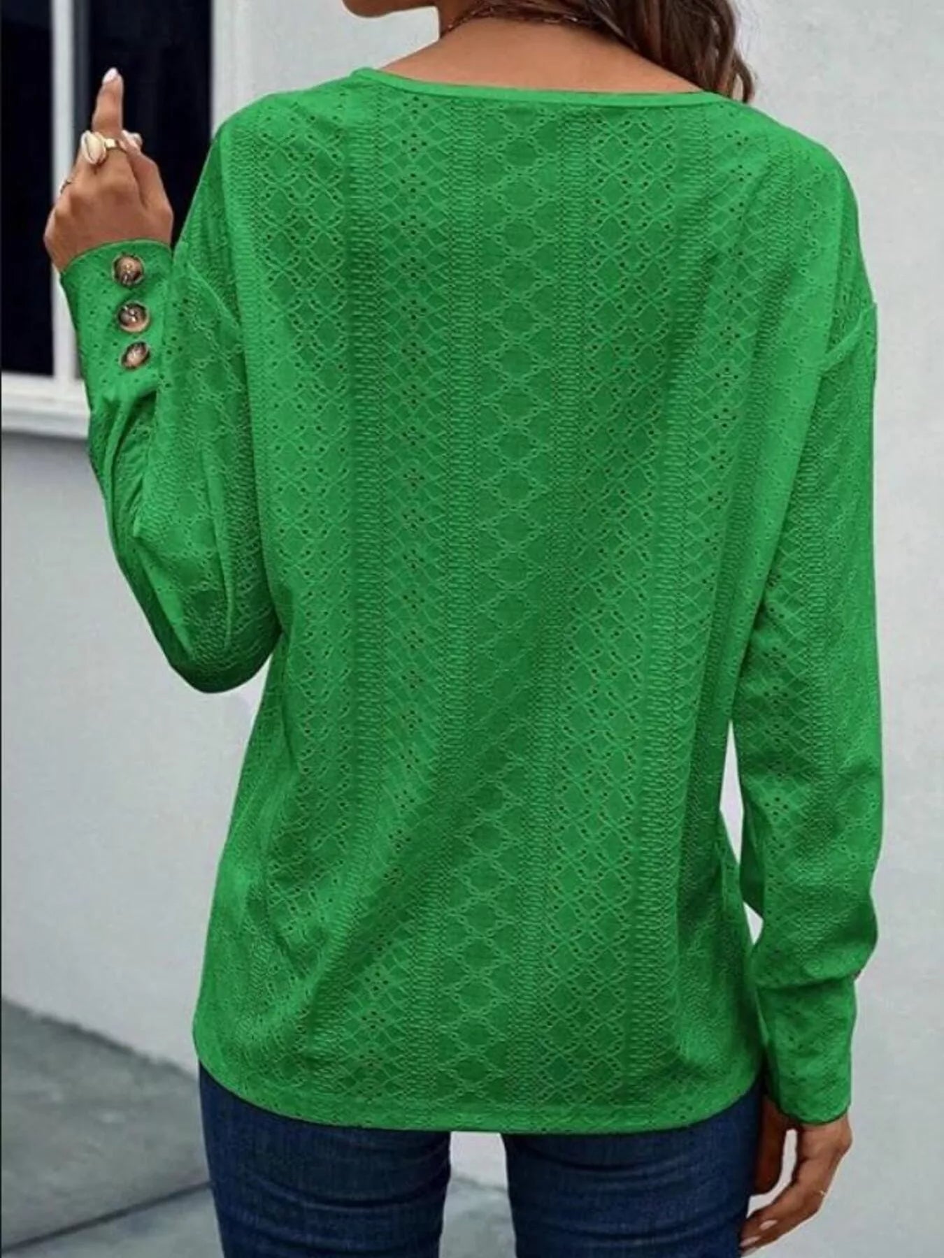 Eyelet V-Neck Long Sleeve Blouse 