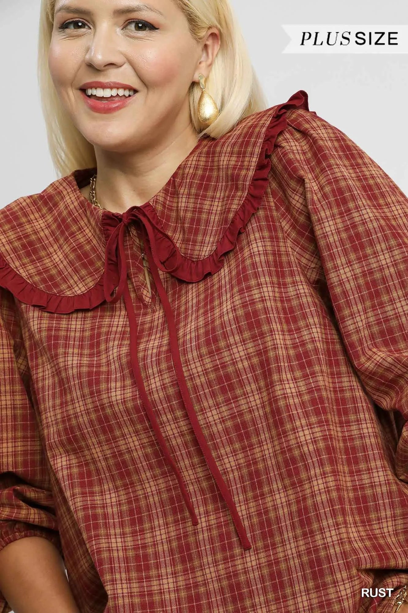 Umgee Full Size Plaid Ruffle Collar Blouse Plus Size 