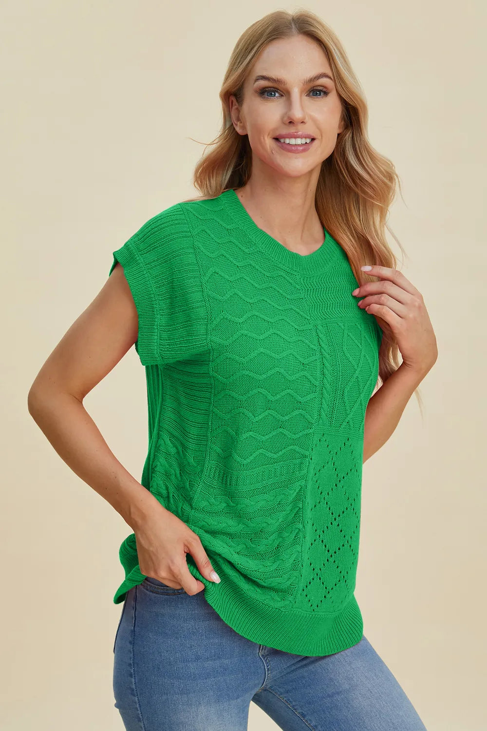 Double Take Full Size Cable-Knit Round Neck Cap Sleeve Sweater 