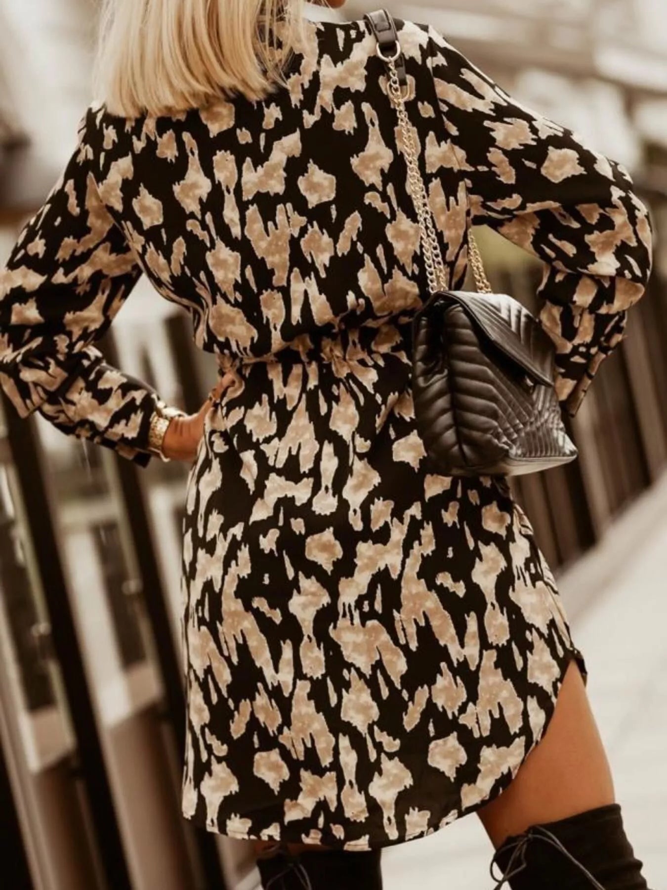 Printed Button Front Long Sleeve Dress 