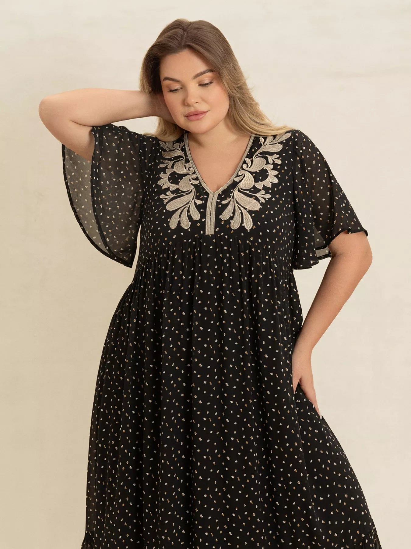 Plus Size Printed V-Neck Flutter Sleeve Maxi Dress 