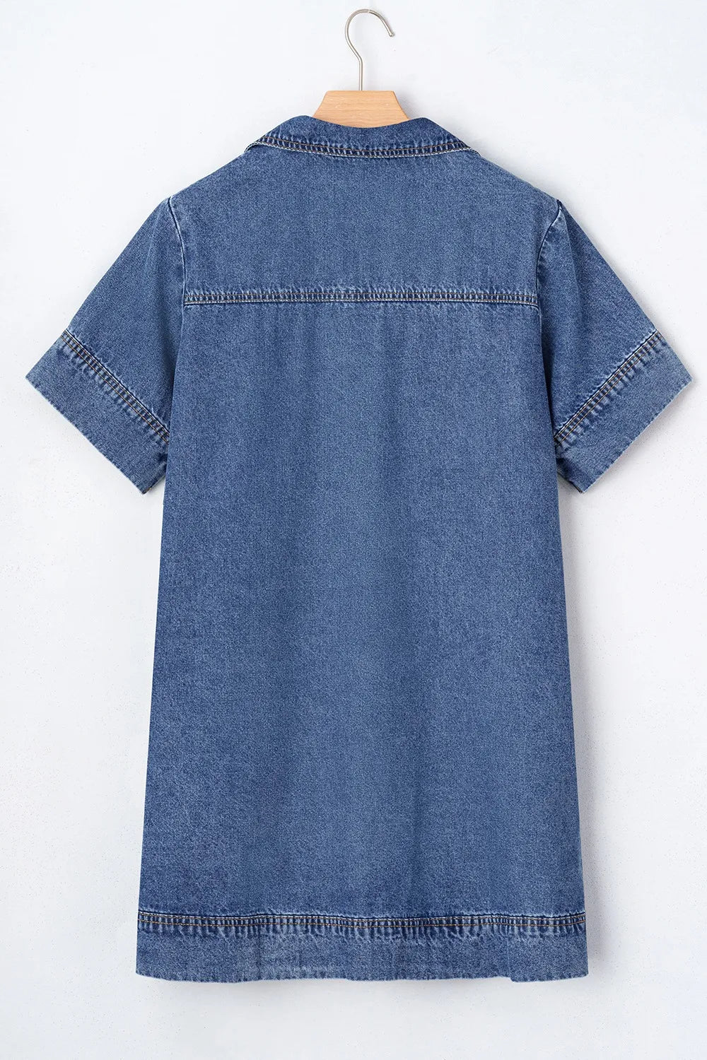 Short Sleeve Collared Patched Pocket Denim Mini Dress 