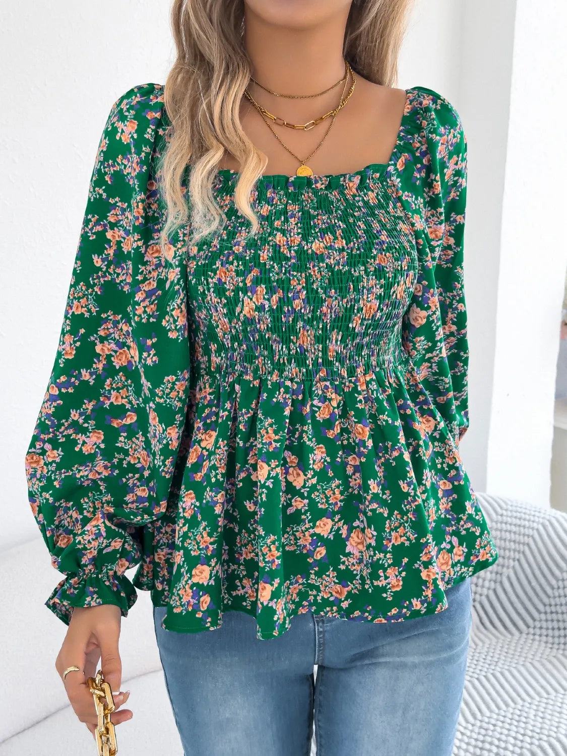 Floral Square Neck Flounce Sleeve Blouse 
