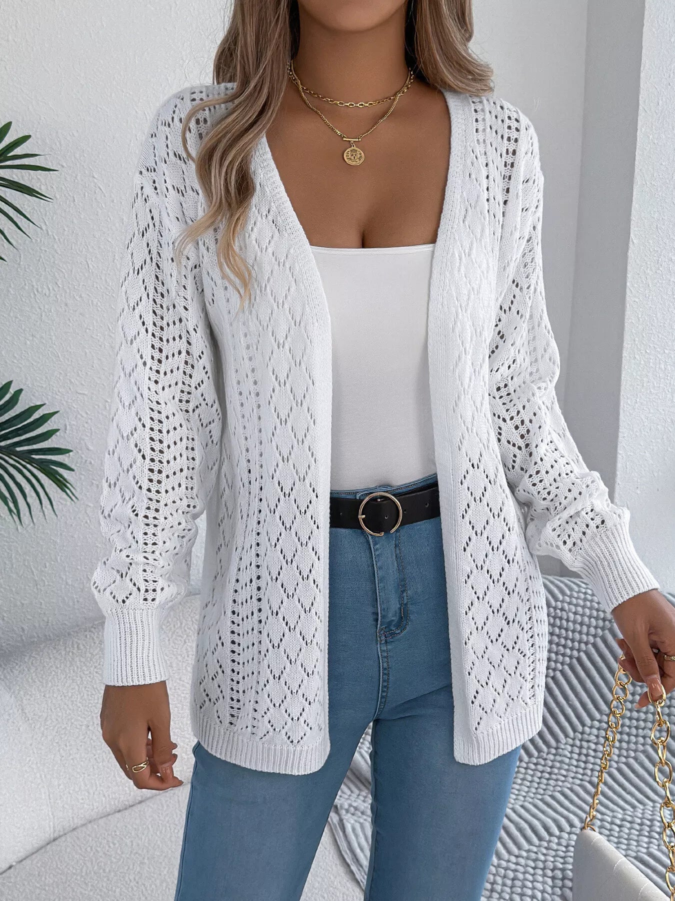 Openwork Open-Front Long Sleeve Cardigan 