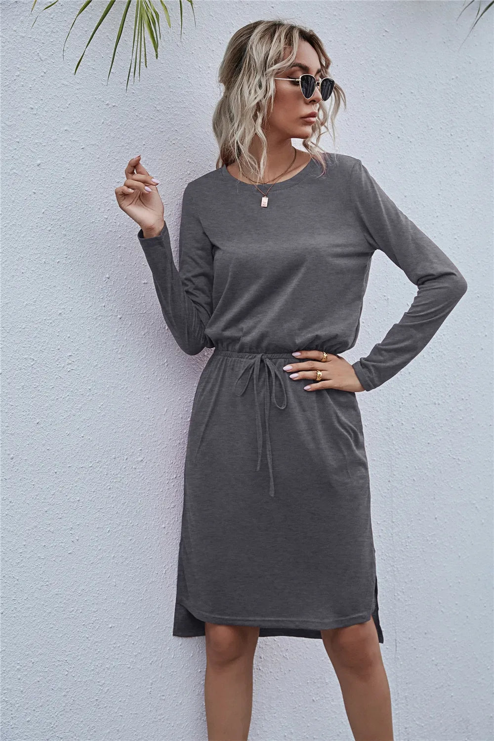 Drawstring Waist Round Neck Long Sleeve Dress 