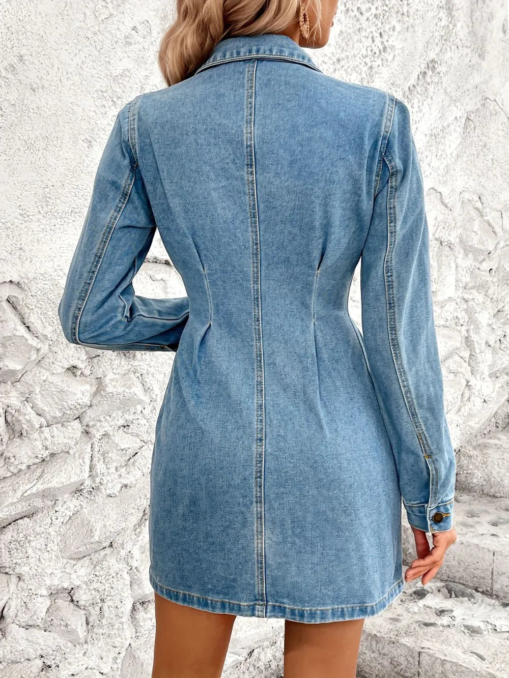 Pocketed Button Up Long Sleeve Denim Dress 