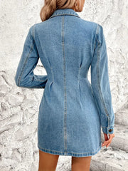 Pocketed Button Up Long Sleeve Denim Dress 