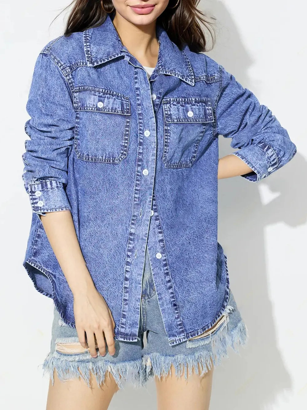 Curved Hem Collared Neck Denim Top 