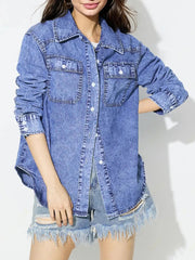 Curved Hem Collared Neck Denim Top 