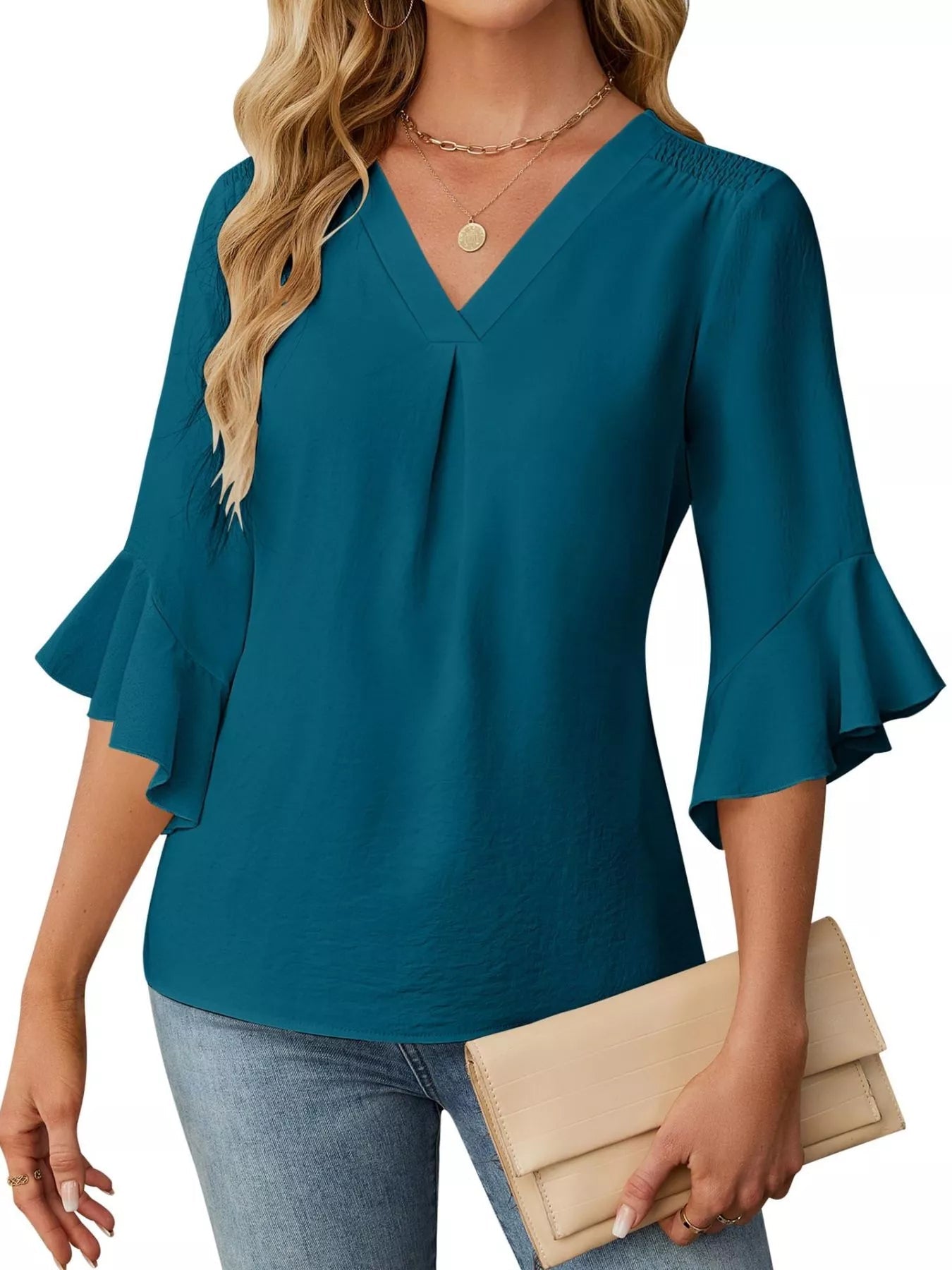 V-Neck Ruffle Sleeve Blouse 