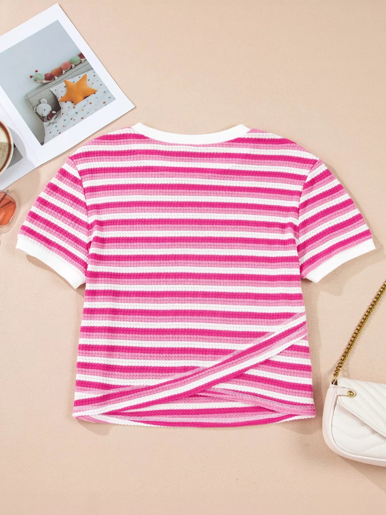 Textured Knit Short Sleeve Crossed Detail Tee 