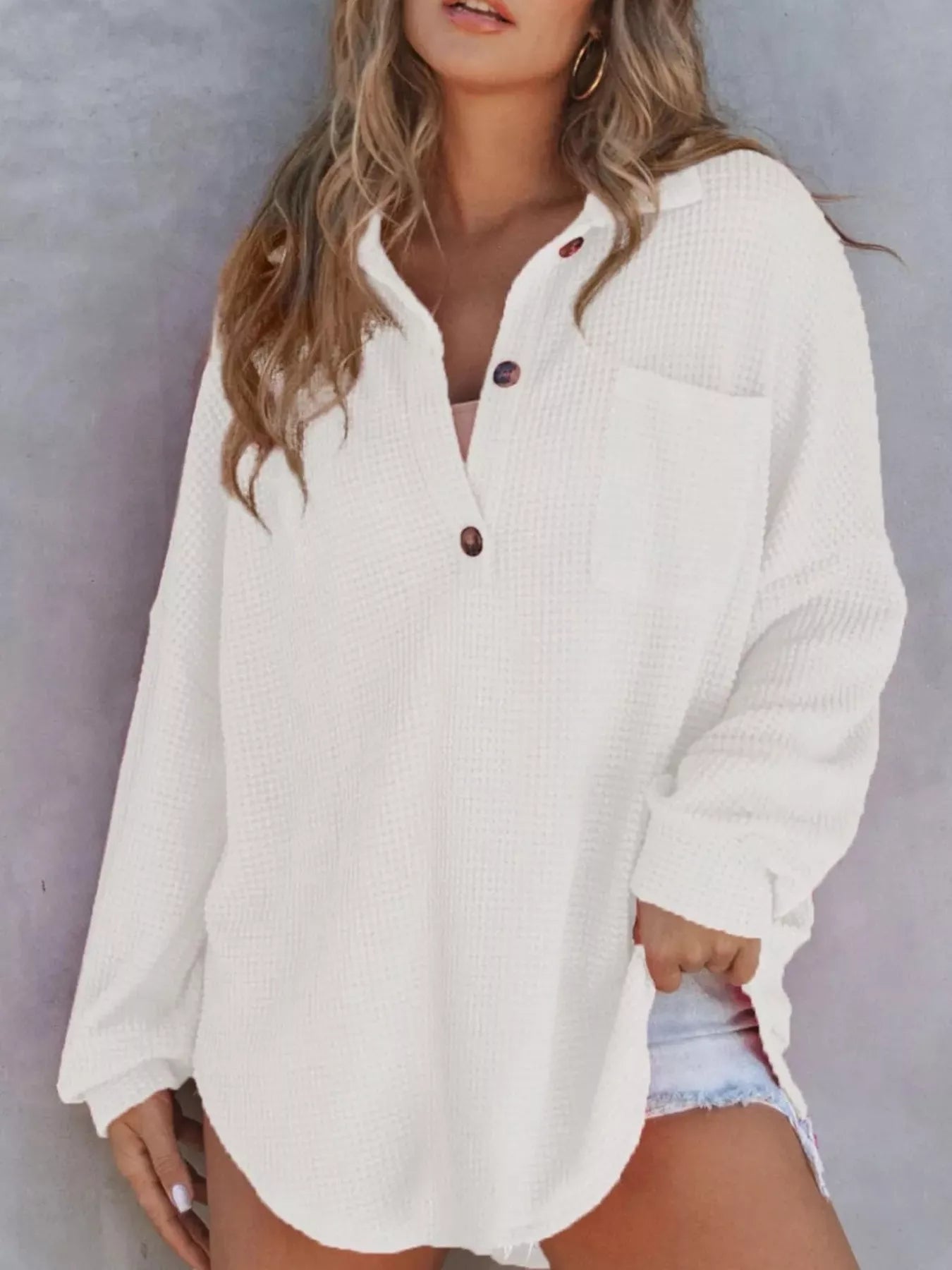 Casual Waffle Knit Button Detail Blouse 