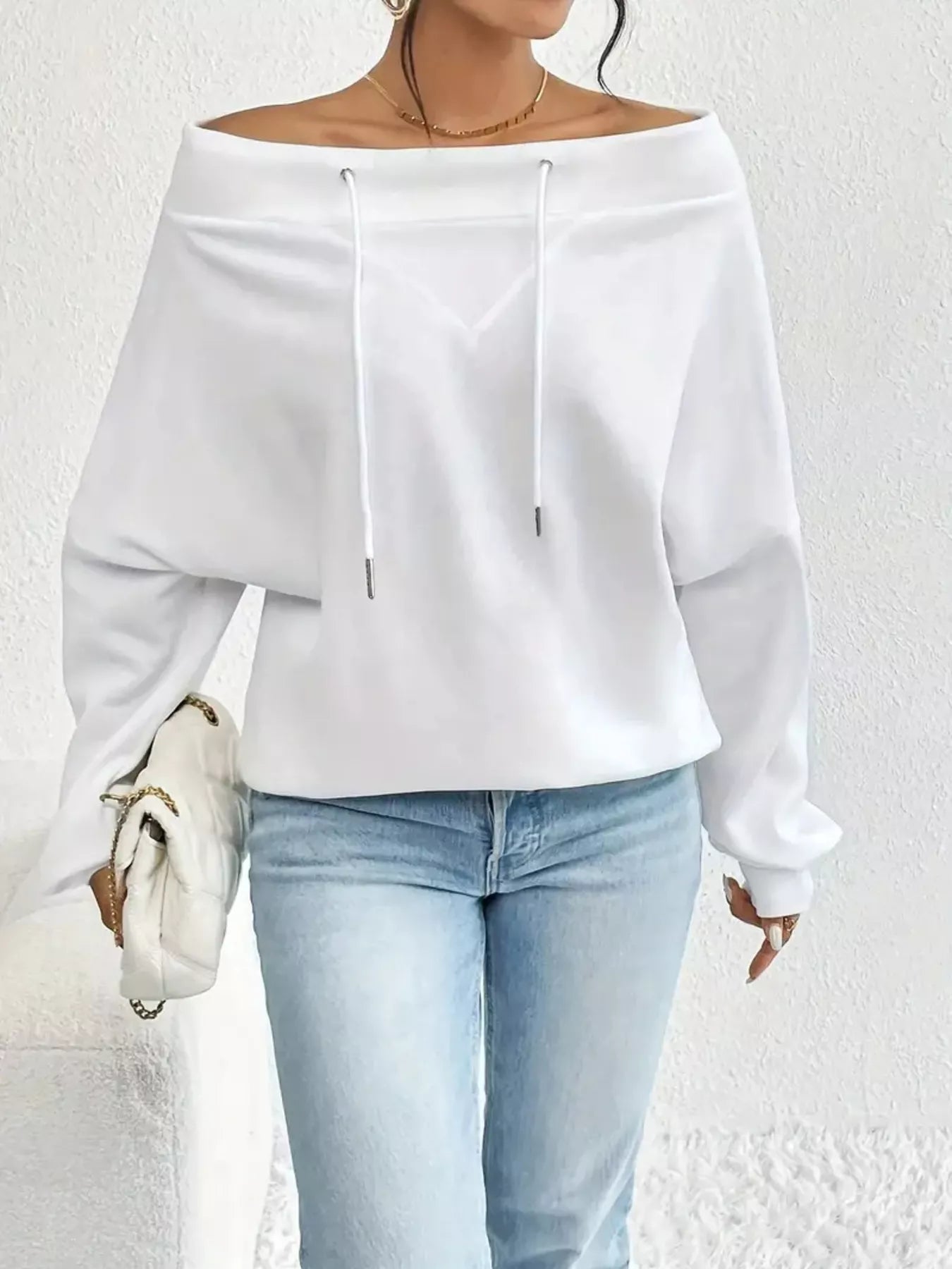 Full Size Off-Shoulder Drawstring Long Sleeve Top Plus Size 