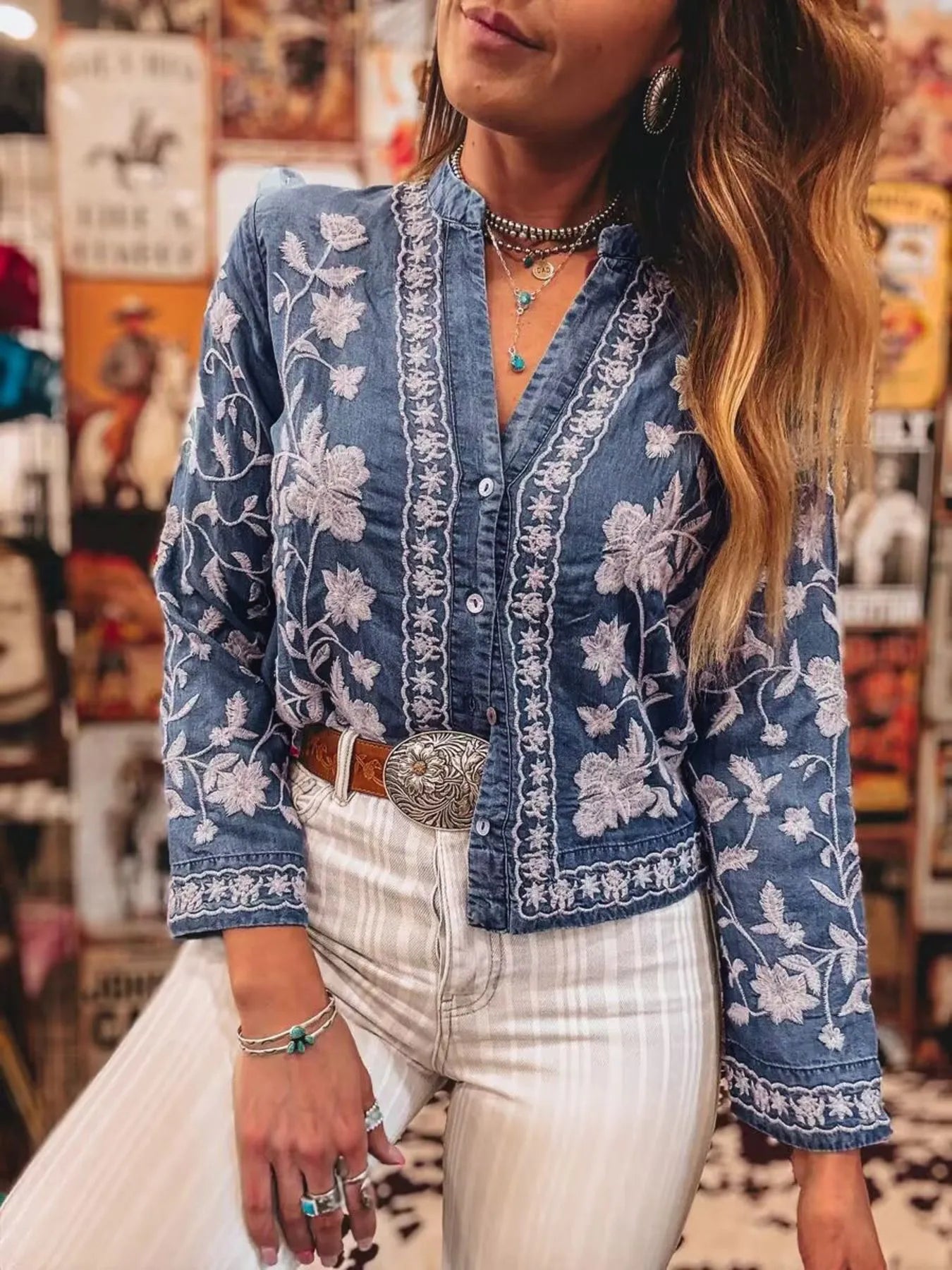 Floral Embroidered Button Up Denim Shirt 