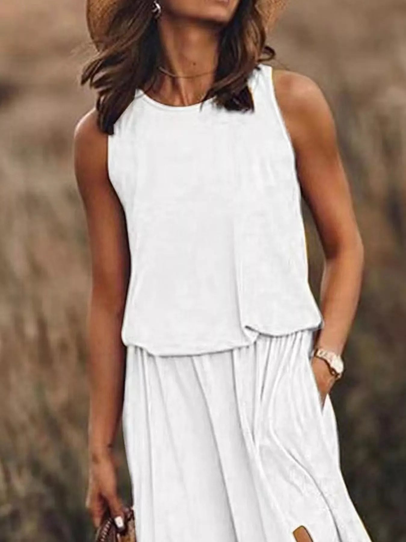Full Size Round Neck Sleeveless Slit Maxi Dress Plus Size 