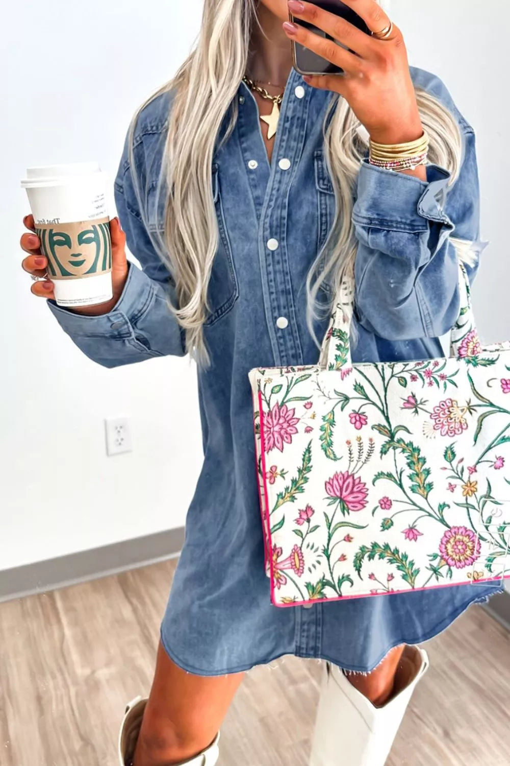 Vintage Wash Button-Down Denim Dress 