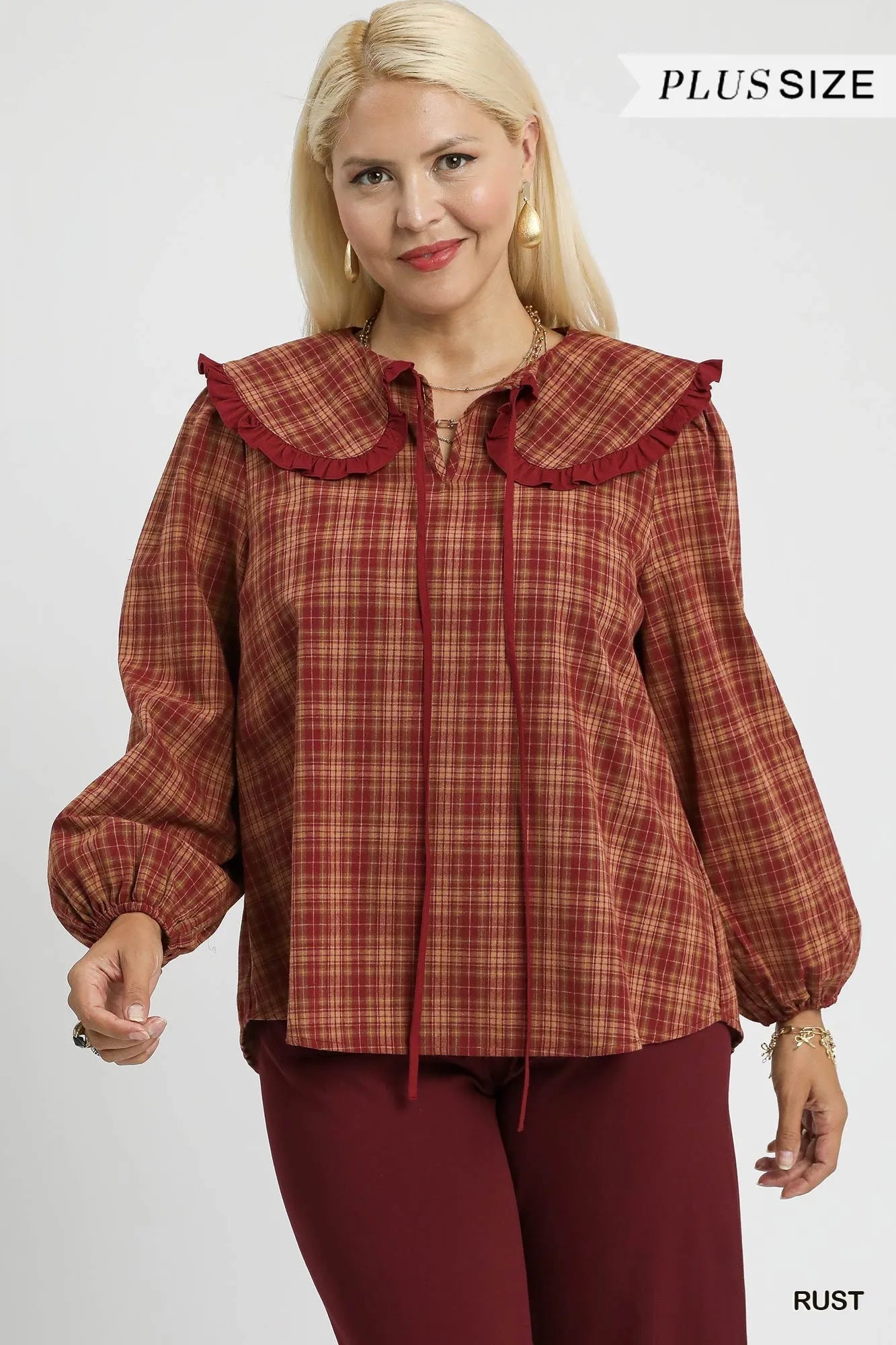 Umgee Full Size Plaid Ruffle Collar Blouse Plus Size 