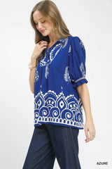 Umgee Printed Puff Sleeve Split Neck Top 