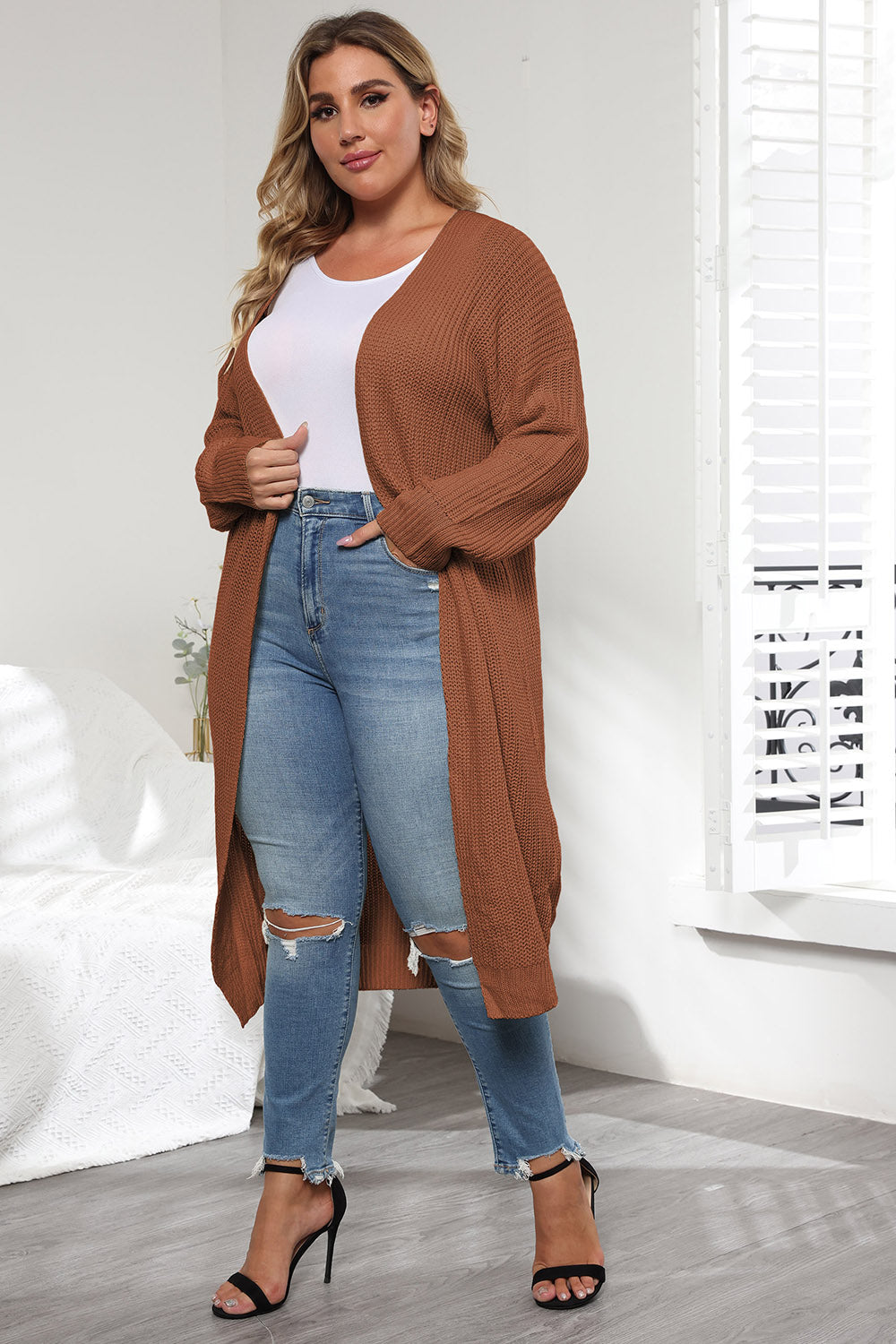 Plus Size Open Front Long Sleeve Cardigan 