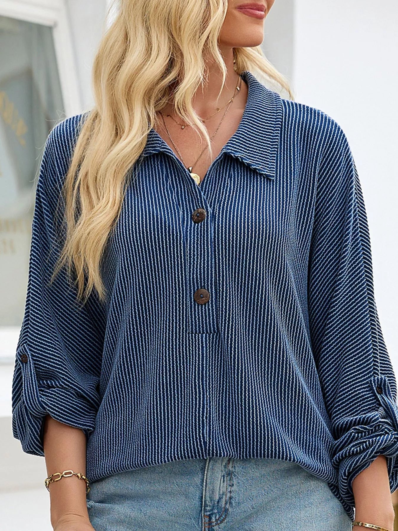 Oversized Twist Ribbed Collared Henley Top with Roll Up Sleeve 