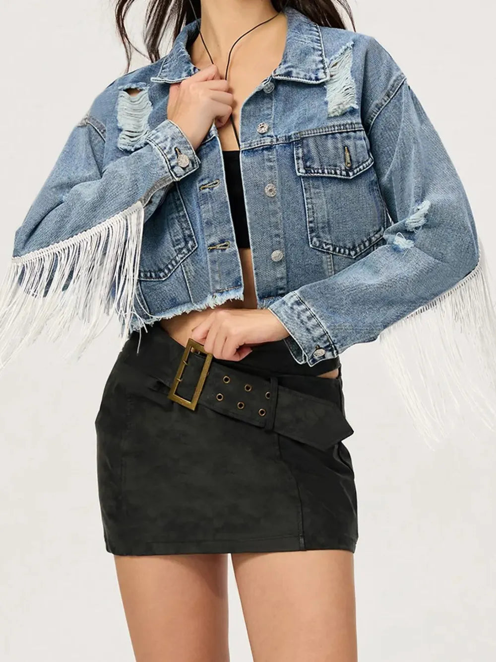 Distressed Fringe Collared Neck Cropped Denim Top 