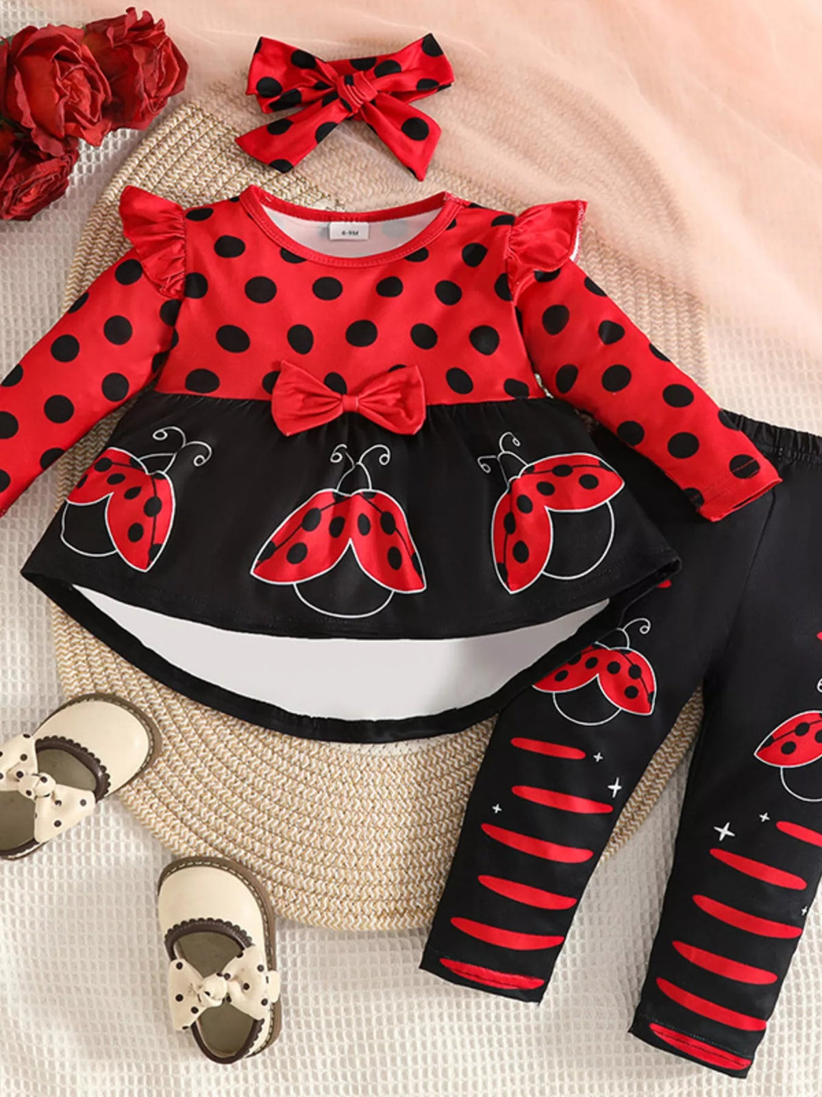 Children's Ladybug Print Ruffle Trim Top and Pants Set 