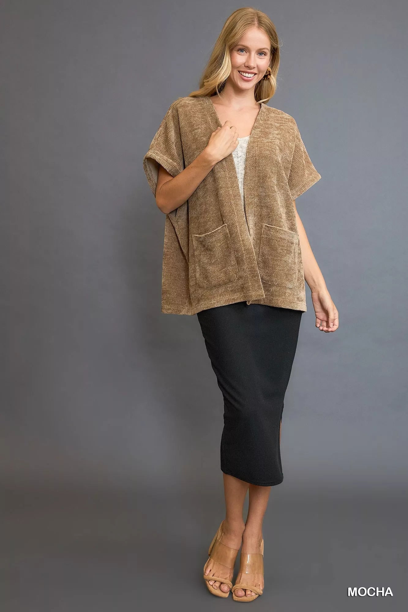 Umgee Open Front Knit Cardigan with Front Pockets 