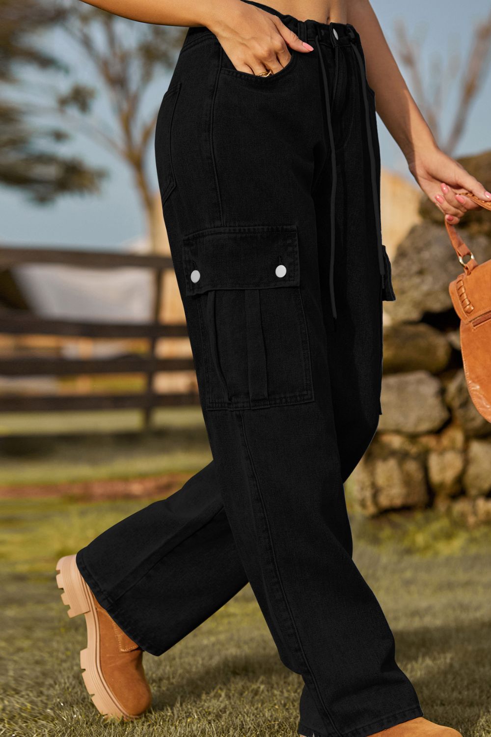 Loose Fit Drawstring Jeans with Pocket 