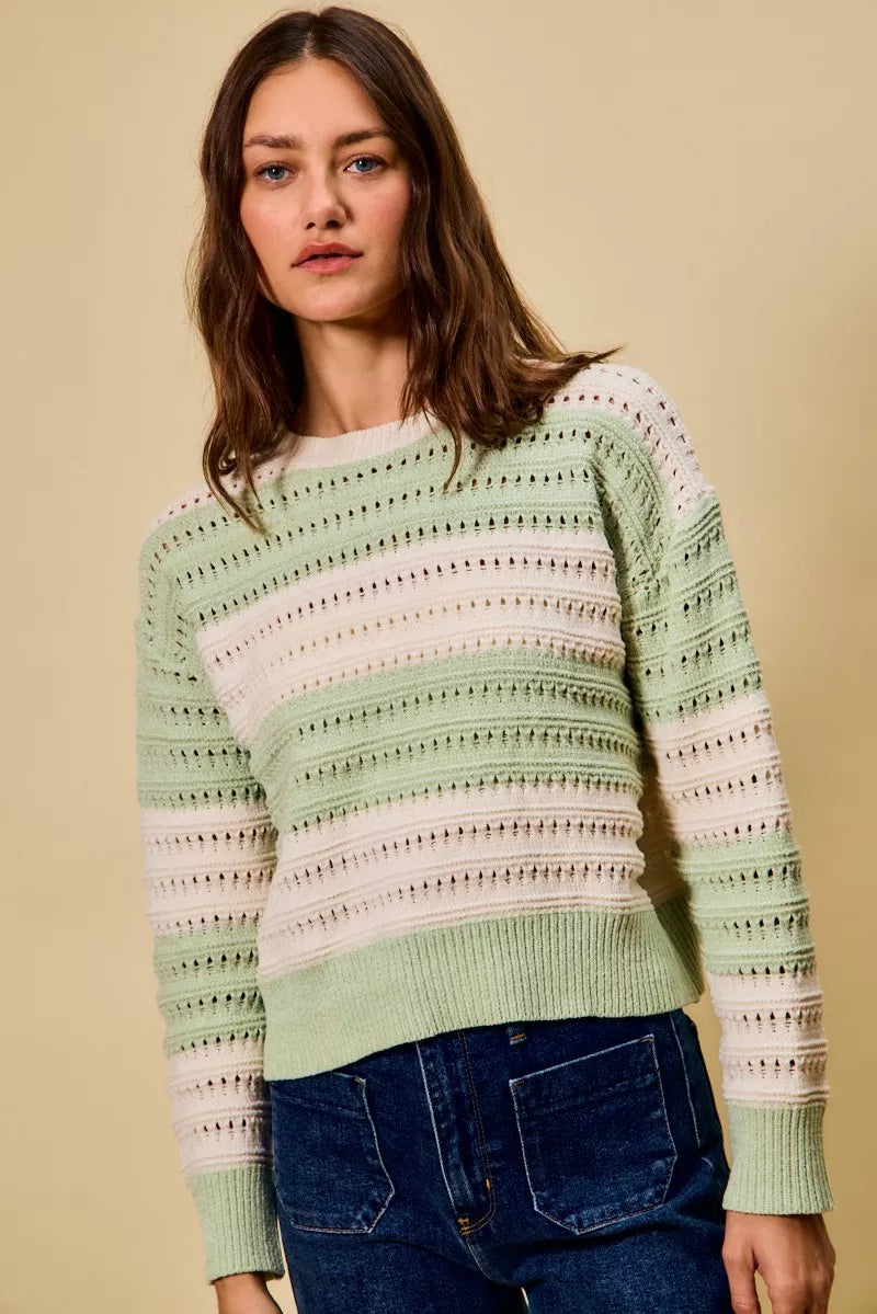 SO ME Openwork Round Neck Wide Stripe Textured Sweater 