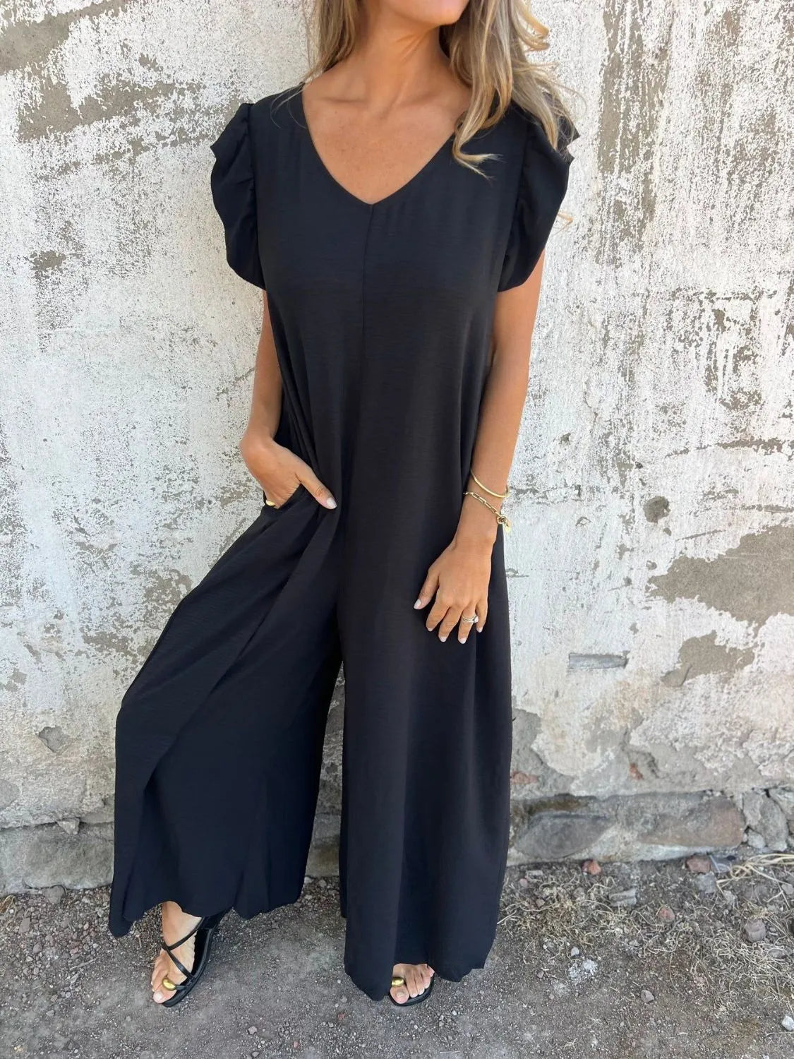 Full Size V-Neck Cap Sleeve Wide Leg Jumpsuit Plus Size 