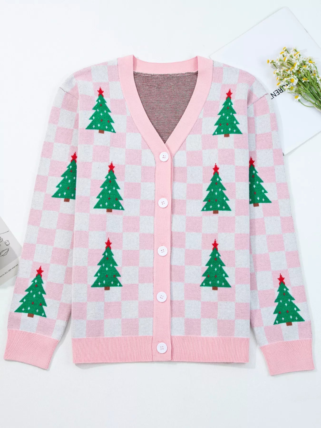 Christmas Tree Pattern Checkered Button V Neck Cardigan 