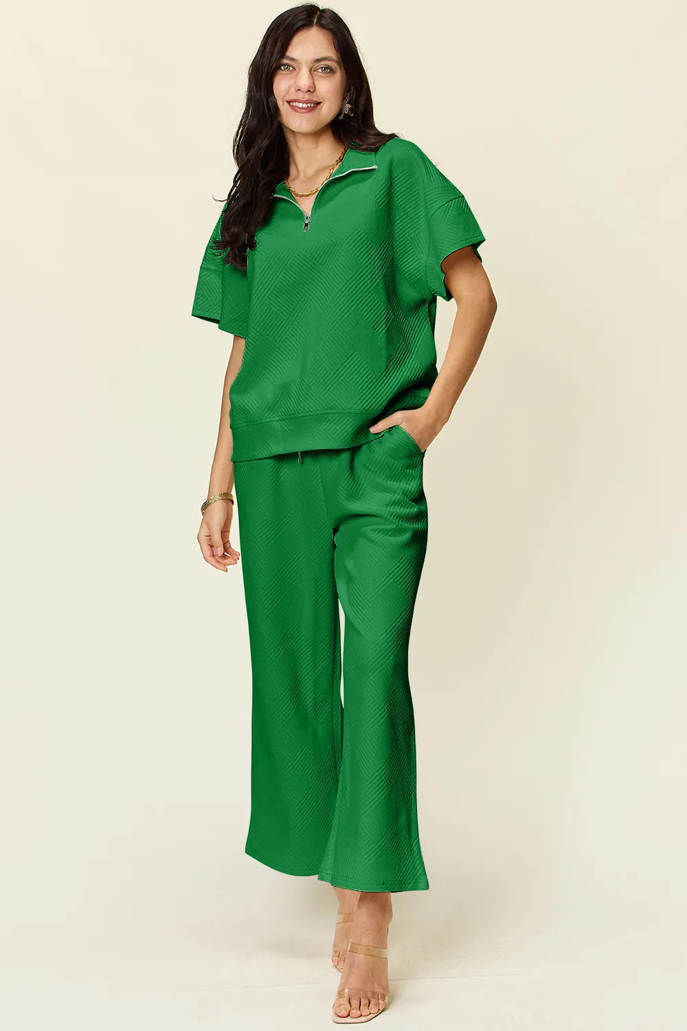 Double Take Full Size Texture Half Zip Short Sleeve Top and Pants Set 