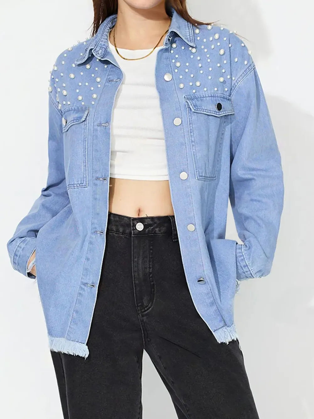 Raw Hem Pearl Trim Collared Neck Denim Top 