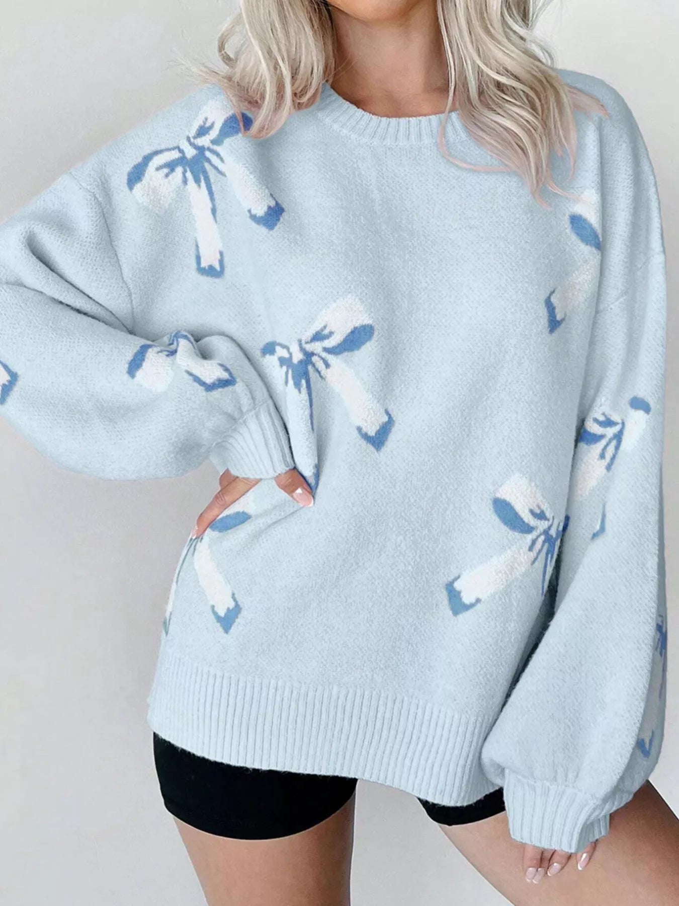 Bow Round Neck Dropped Shoulder Sweater 