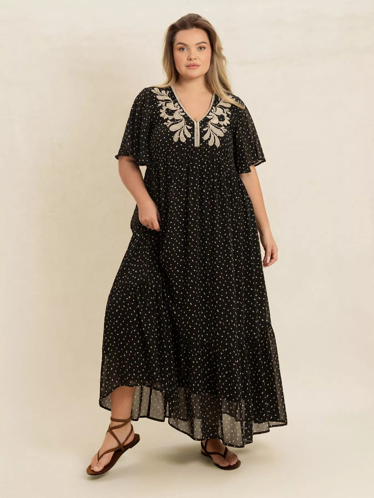 Plus Size Printed V-Neck Flutter Sleeve Maxi Dress 