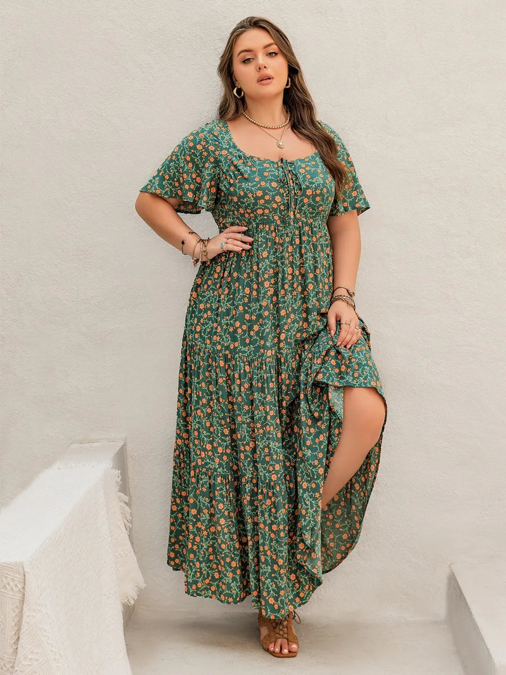 Plus Size Printed Short Sleeve Tiered Maxi Dress 